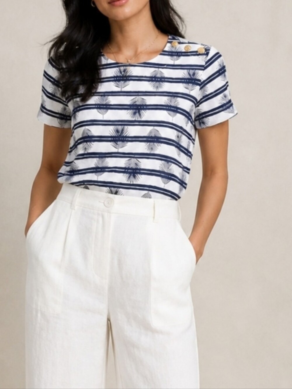 Lands End Linen Striped Tropical Print Top NEW Size Medium